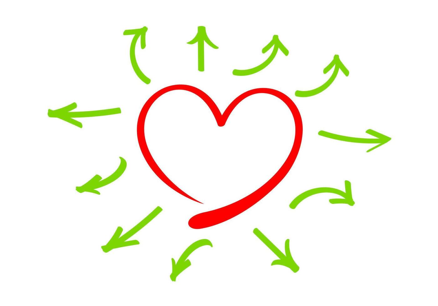 arrow line pointing out from the heart shape frame, isolated on white, doodle red heart shape and arrow line green for clip art, illustration of arrow and heart red, copy space for valentine's day vector