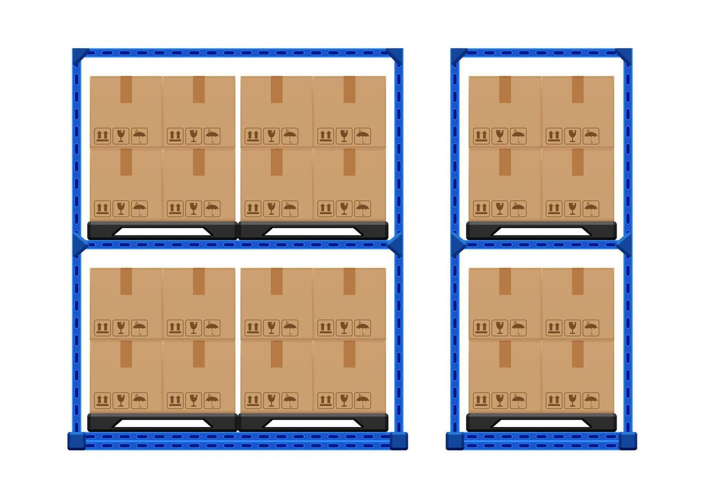 crate boxes product on pallet for arrangement, pallet shelf with cardboard box in factory warehouse, cardboard parcel boxes in factory cargo storage, stack boxes container brown isolated on white vector
