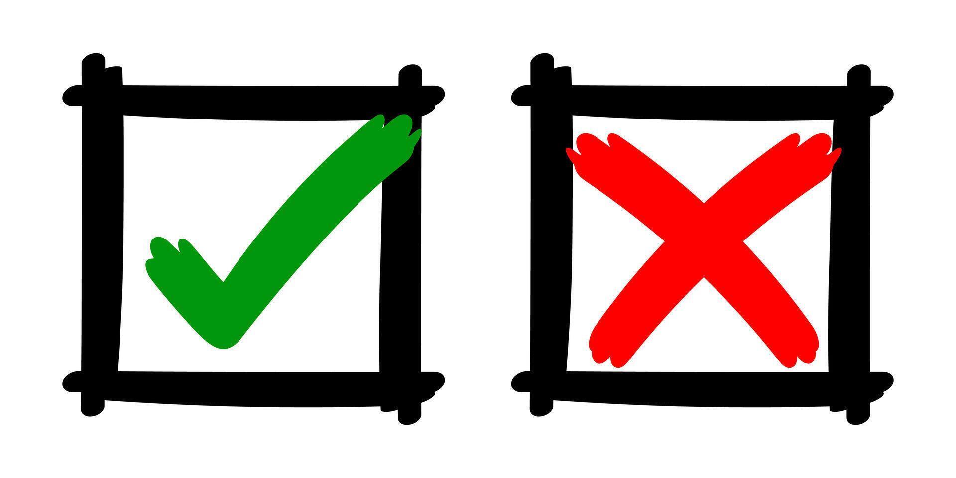 check mark sign yes or no with stripes brush hand drawn, checkmark cross or right tick choice for vote, accept or x icon graphic red green for voting isolated on white, handwritten concept vector