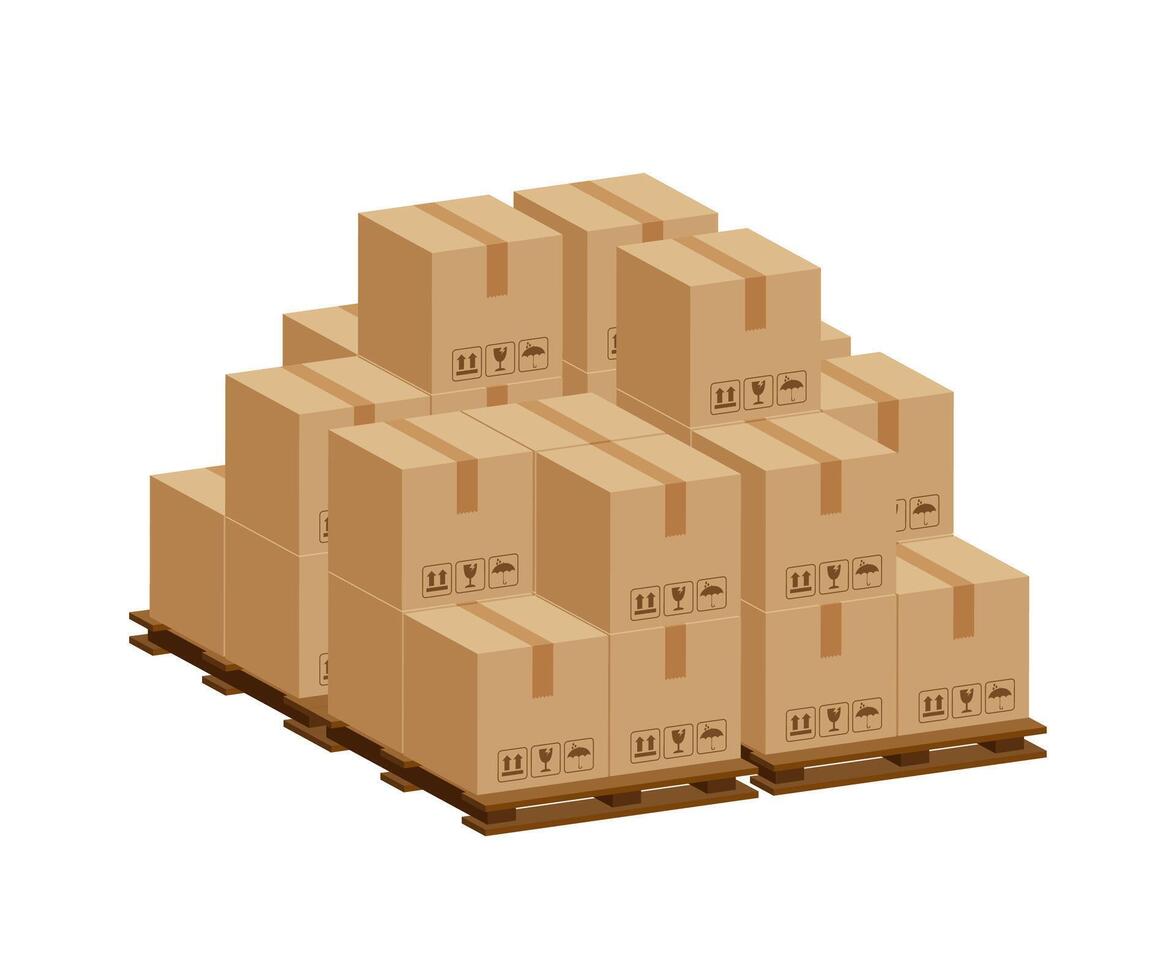 pile crate boxes 3d on a wooden pallet, wood pallet with cardboard box in factory warehouse storage, cardboard parcel boxes stack of warehouse factory, packaging cargo, boxes brown isolated on white vector