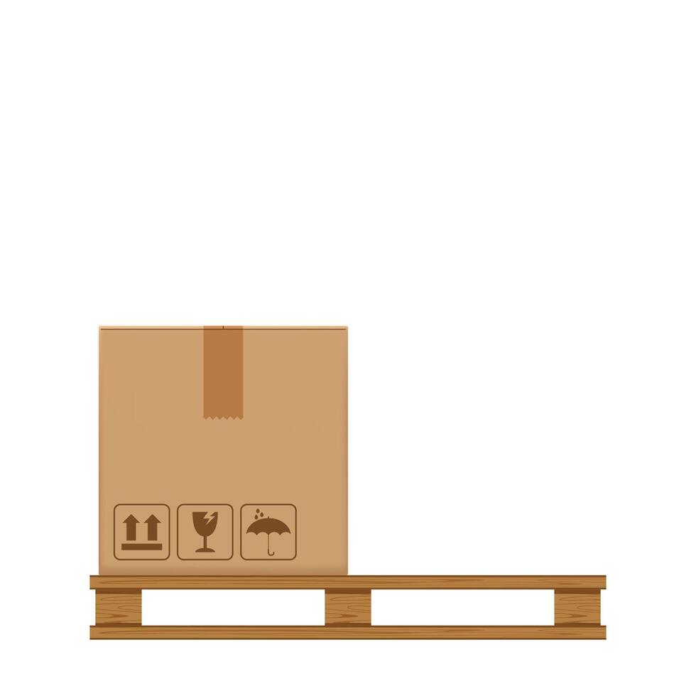 crate boxes on wooden pallet, wood pallet with cardboard box in factory warehouse storage, flat style warehouse cardboard parcel boxes stack, packaging cargo, 3d boxes brown isolated white background vector