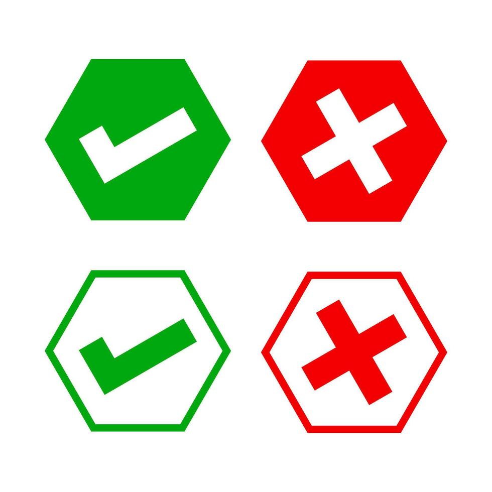 hexagon check mark and x or confirm and deny, hexagon button checkmark for apps or websites, icon checklist choice, checkbox button for choose, hexagon answer box for check mark vector