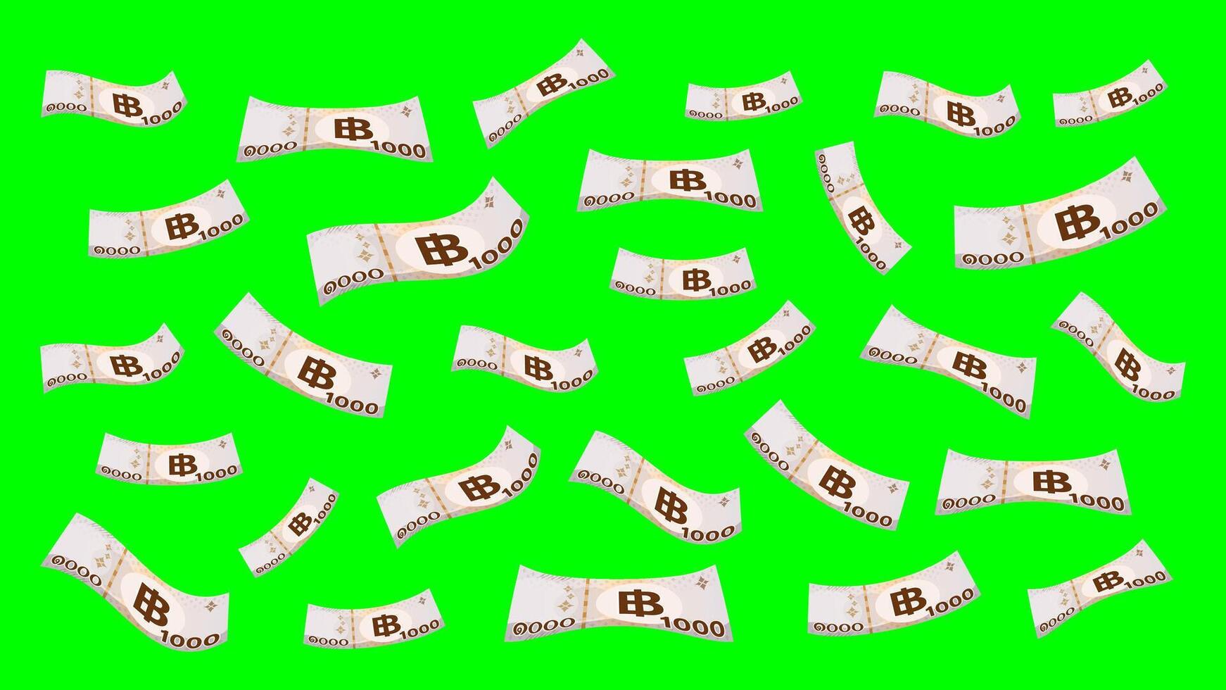 1000 baht thai money flying isolated on green screen background, banknote money falling over green, thai currency one thousand THB, many paper money, money bank note for chroma key screen background vector