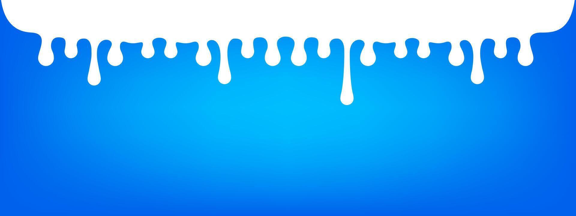 milk drops flowing on banner blue background, white milk drops dripping down from top, milk liquid splash splashing, fluid milk droplet strips, white ink drop fluid on blue, white drop splash blob vector