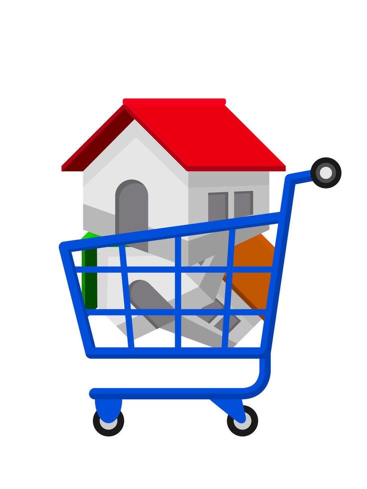 house in shopping cart for icon isolated on white, home in basket cart for sale or house buy symbol web shop, trolley and house for real estate property concept vector