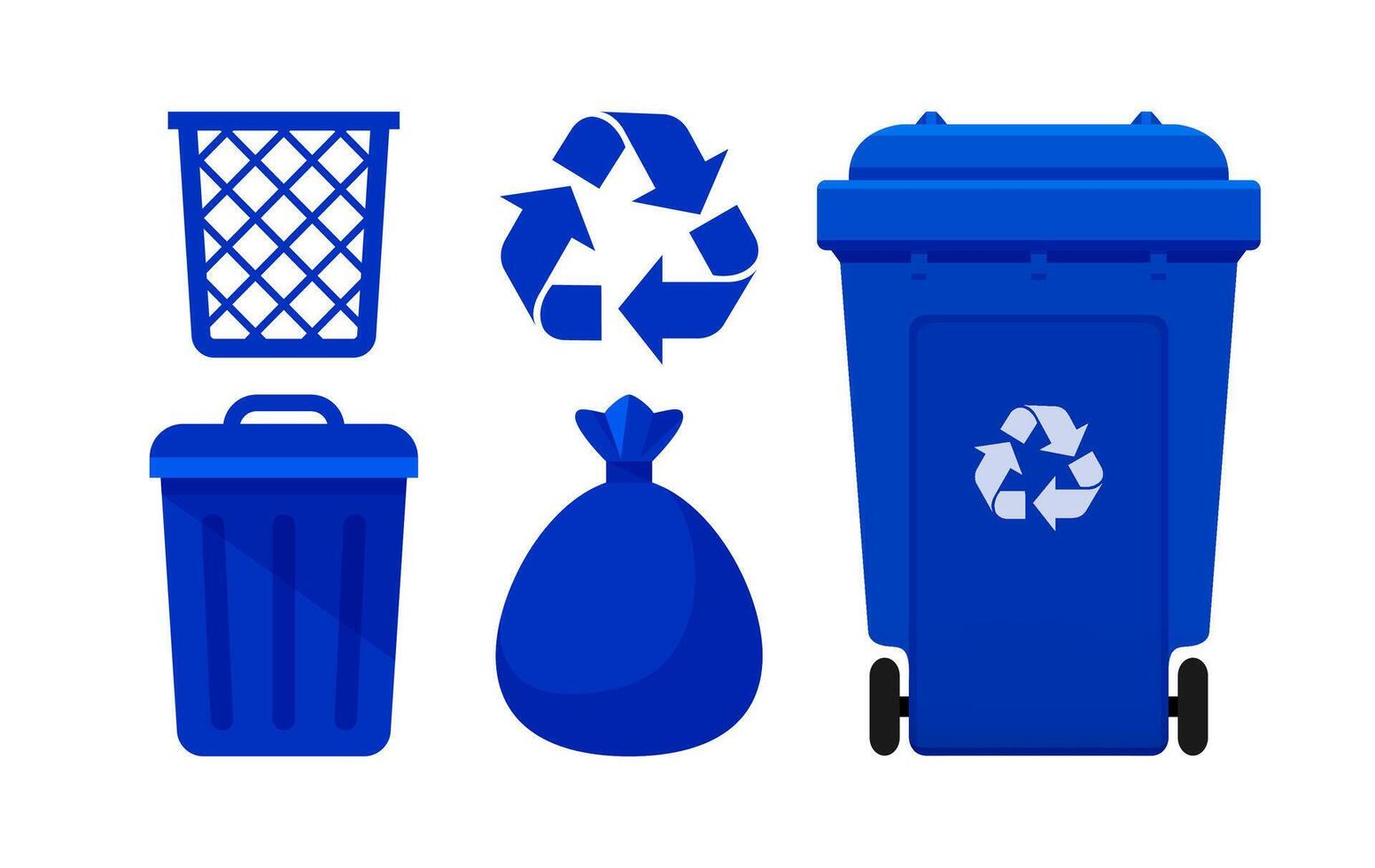 Blue Bin set, Recycle Bin and Blue Plastic Bags Waste isolated on white, Bins blue with Recycle Waste Symbol, Front view set of the Blue Bins and Bag Plastic for Garbage waste, 3r Trash vector