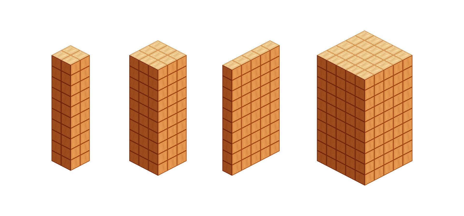 wooden cubes isometric for children learning, tower wood cubes sample different isolated on white, 3d cubes wood for logic counting of preschool children, block wooden square for mathematical game kid vector