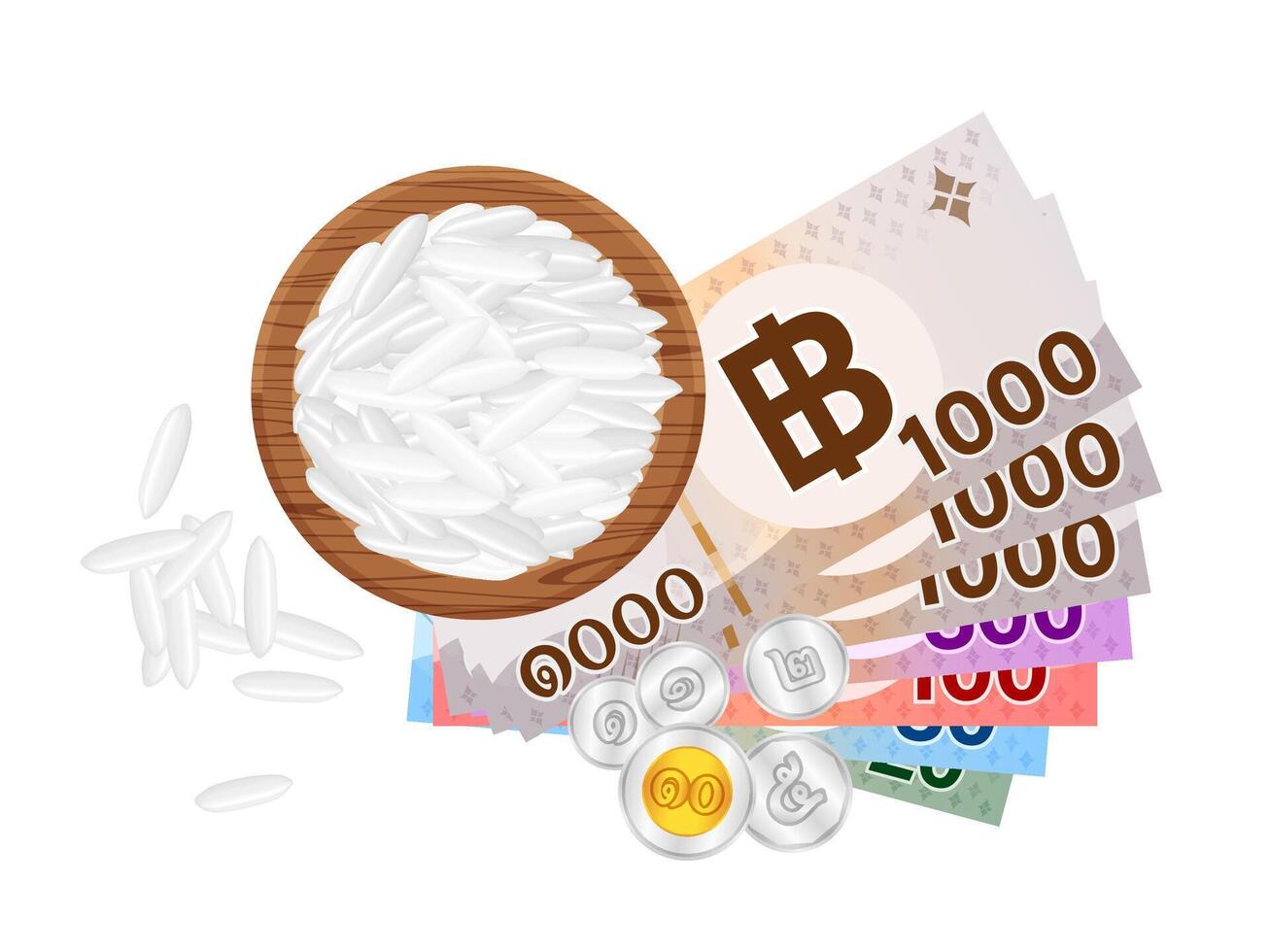 banknote money thai baht and rice seed in circle wood plate, thai currency THB and jasmine rice seed, bank note money baht and white rice in top view, pile of rice and money isolated on white vector