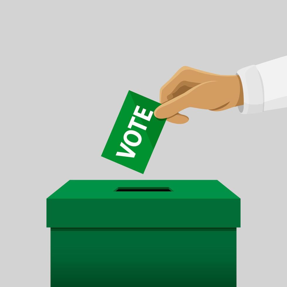 Election boxes, Hand Dropping a Ballot Card into the Vote Box, Boxes green and Election cards for vote Democracy General isolated gray background, Boxes for flat cartoon icon and copy space for banner vector