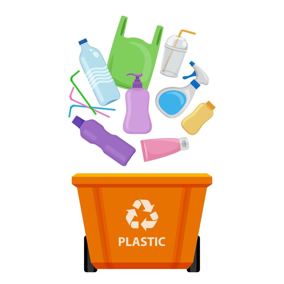 plastic waste and orange recycling plastic bin isolated on white, bin and plastic collection garbage, waste plastic bottle and straws tube, illustration clip art bin, 3r garbage vector