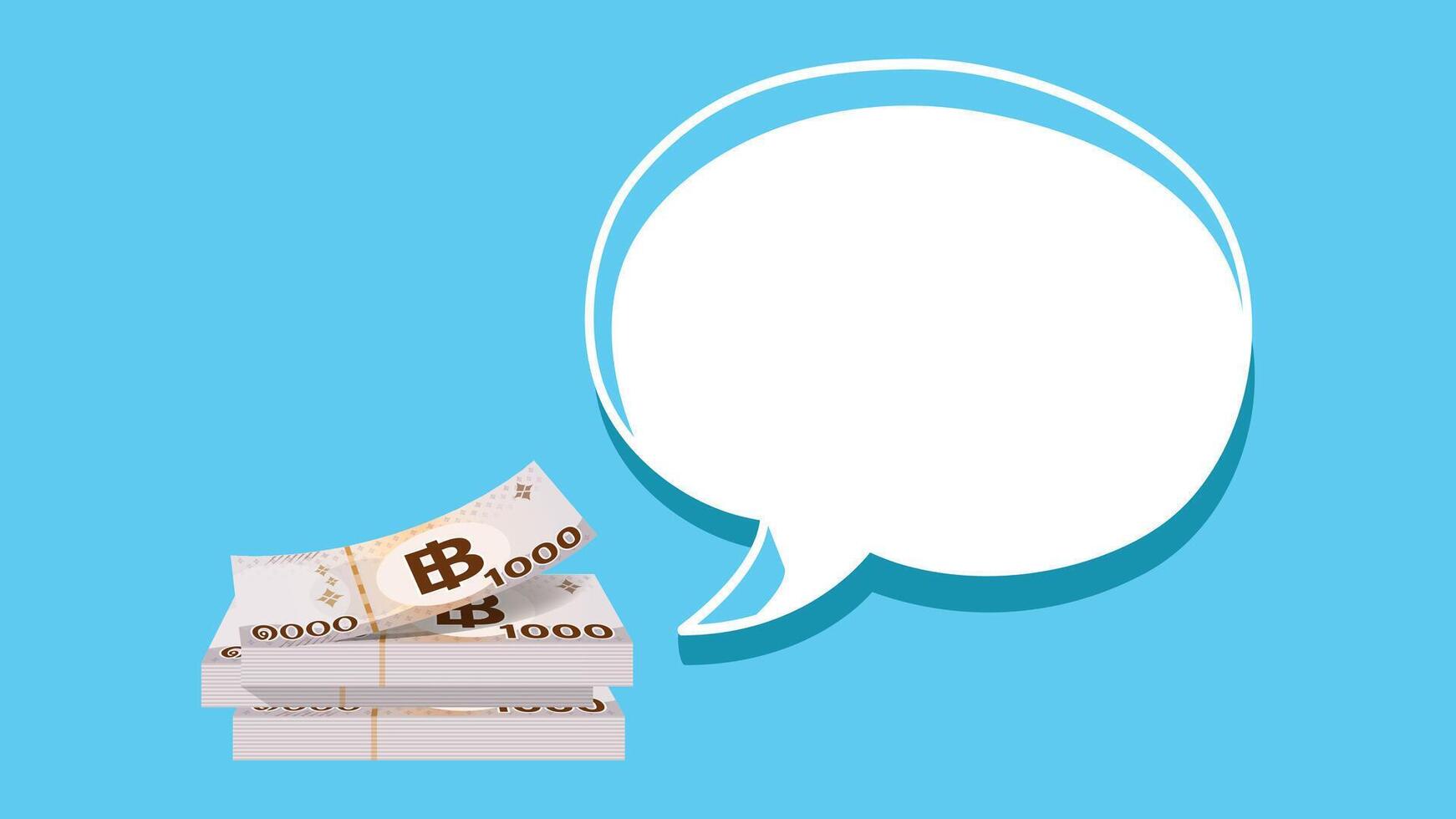 pile banknote money 1,000 baht thai and speech bubble, copy space, currency stack of one thousand THB type on light blue, bank note money thai baht for business finance banner background vector
