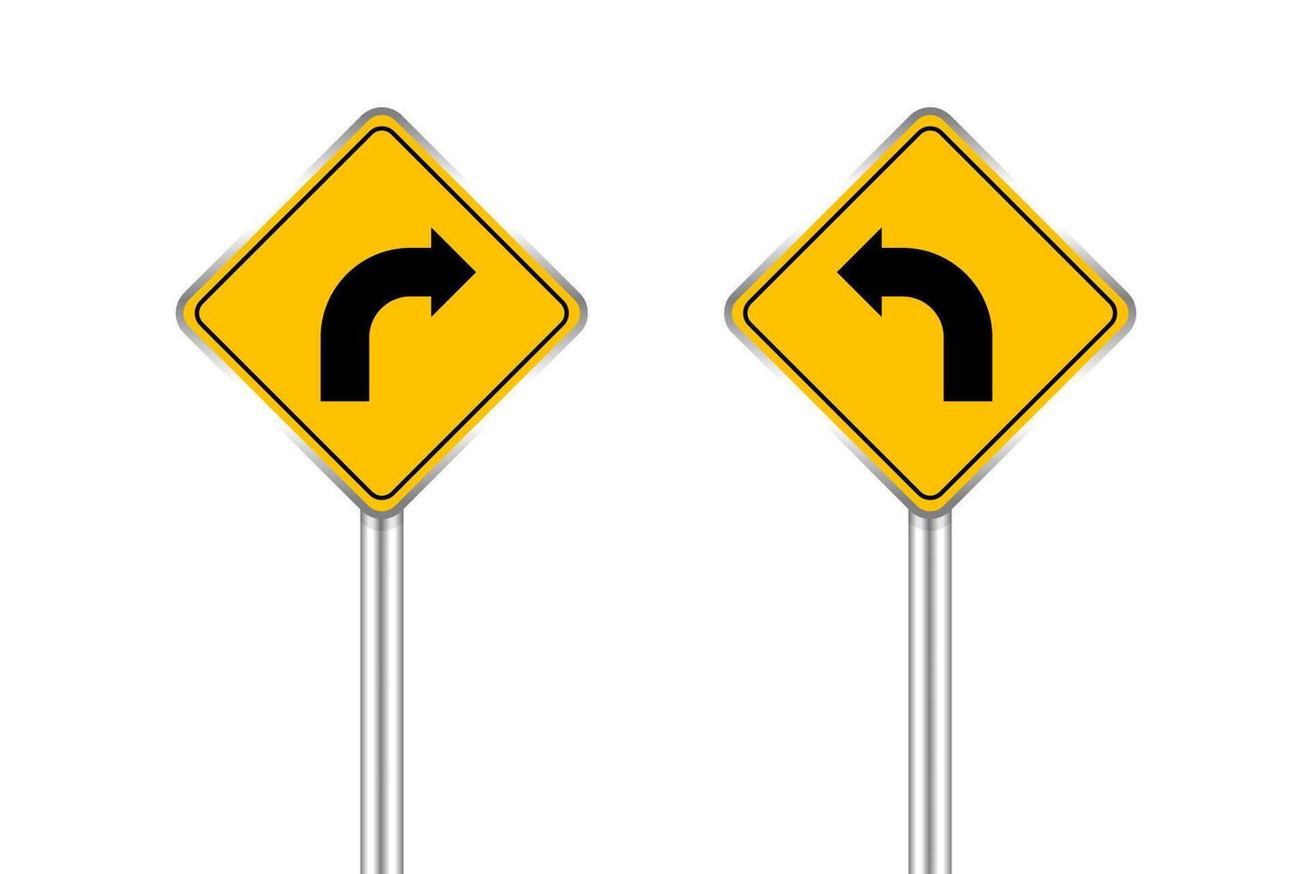 road sign of arrow pointing bend to left and right, traffic road sign yellow isolated on white, traffic sign turn left and right, warning caution sign and steel pole for direction signpost the way vector