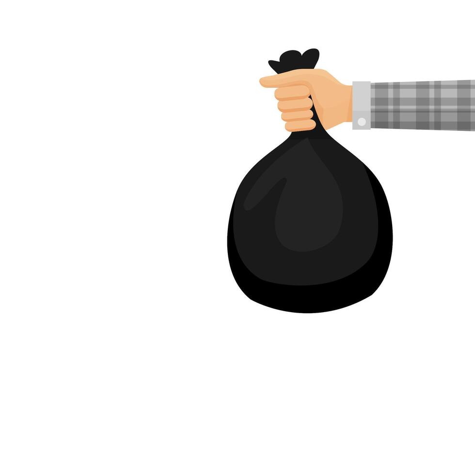 bag waste in hand isolated on white, hand holding black plastic trash bag, illustration bags garbage waste in hand, plastic bags bin of garbage for disposal and copy space vector