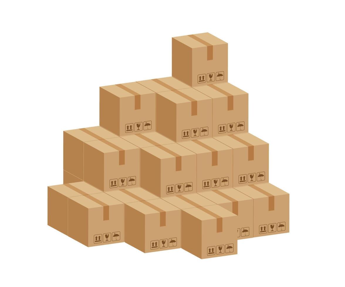 pile crate boxes 3d cube, cardboard box for factory warehouse storage, cardboard parcel boxes stack of warehouse factory, packaging cargo, boxes brown on white background vector