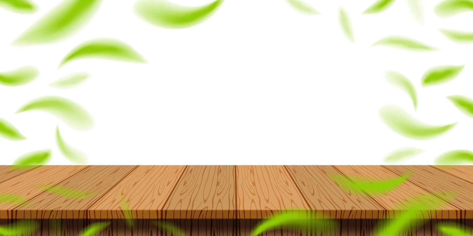 table plank wood with blur fallen leaves green fresh for banner background, wooden plank for advertise product display, table plank in front view, copy space vector
