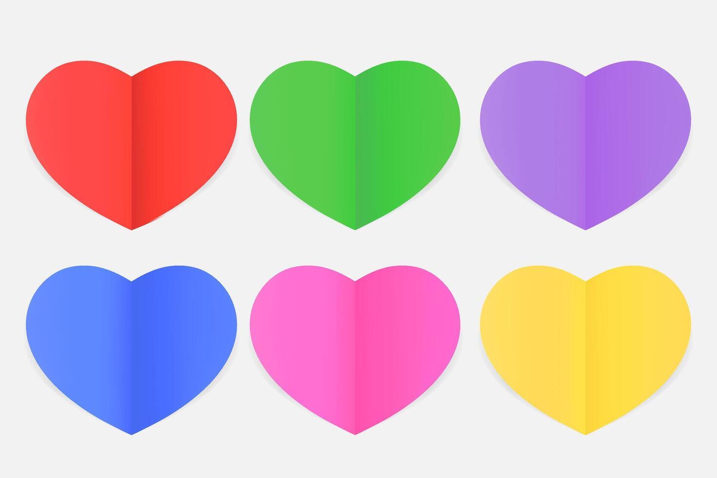 heart-shaped paper colorful bright, heart shape multi color paper flat lay style, beautiful heart shape colorful isolated on grey, set of heart shape red, green, purple, blue, pink, yellow bright vector