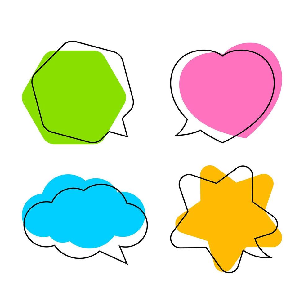 simple star shaped speech bubble yellow, heart shaped speech bubble pink, hexagon speech bubble green, cloud speech bubble blue, geometry balloon colorful and isolated on white for copy space vector