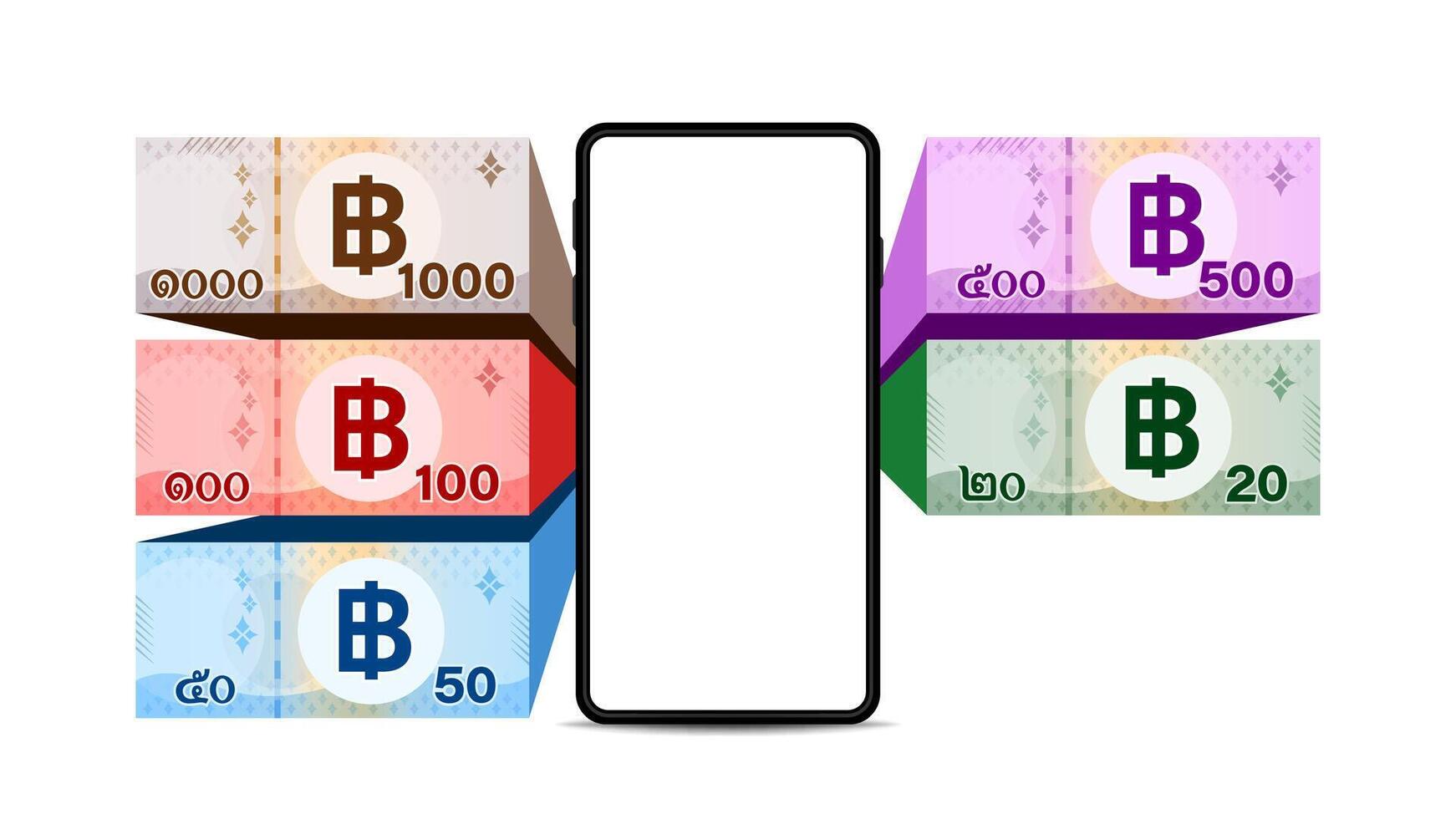 smartphone screen and banknote money thai baht, banknote money THB and mobile phone wallet, money bank note 1,000, 500, 100, 50, 20 type, paper money and smartphone, wallet and online shopping concept vector