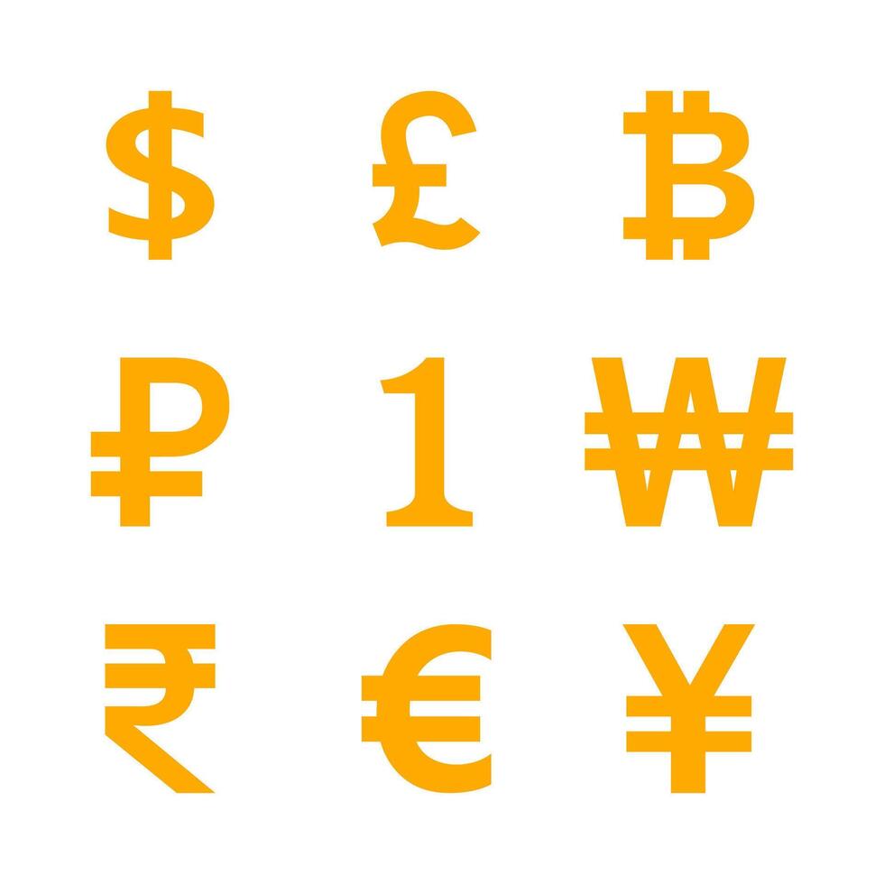 money symbol set isolated on white, international, currency icon yellow gold, golden money emblem for financial clip art, money currency sign dollar, euro, baht, yen, one, 1, won, rupee and a others vector