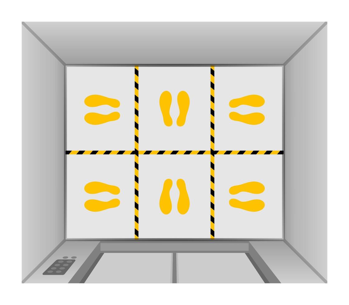 elevator lift floor with tape line yellow black stripe, footprints mark for standpoint at floor elevator inside, prevention of spreading covid-19 virus concept, elevator top view, footprints position vector