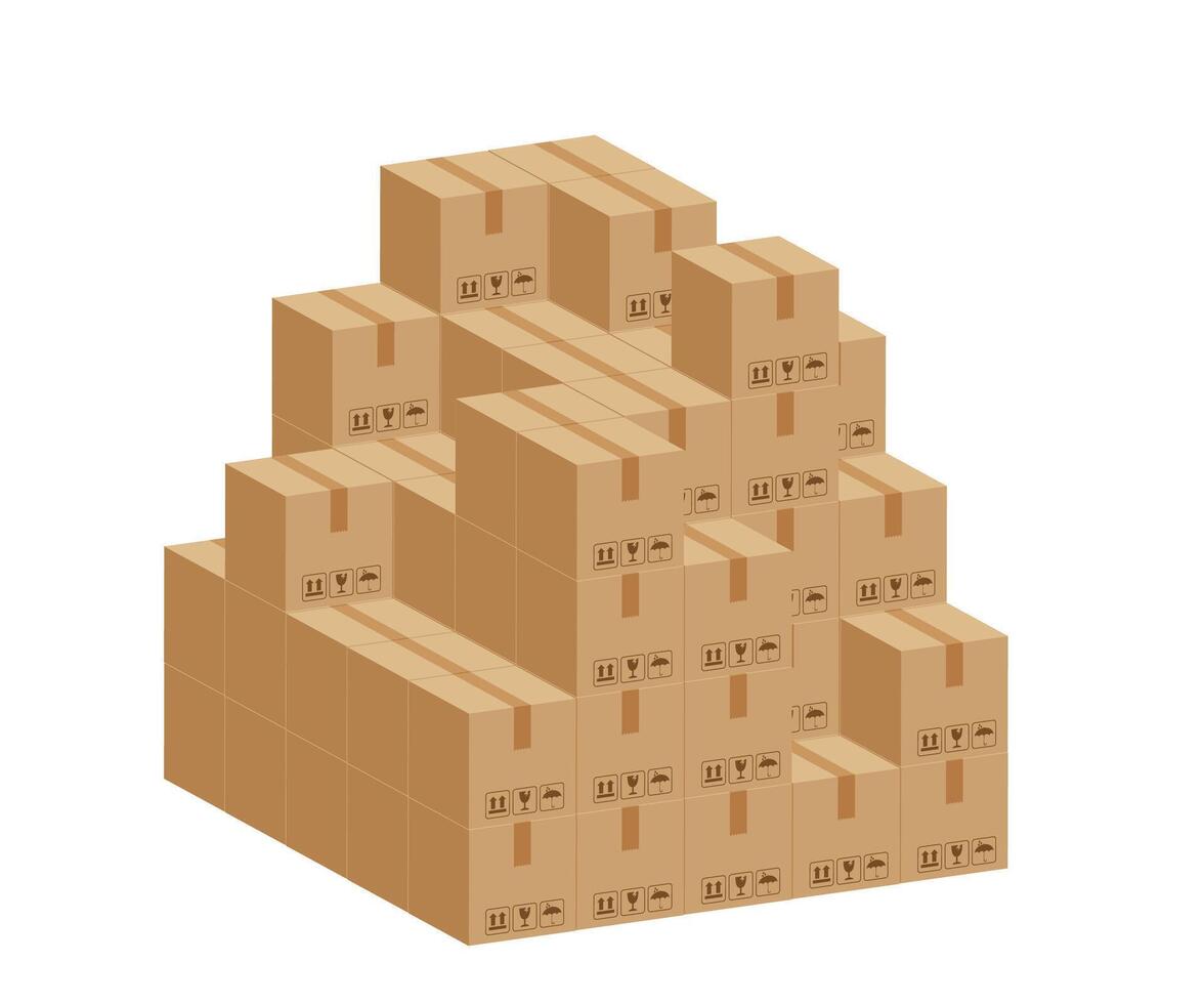 pile crate boxes 3d cube, cardboard box for factory warehouse storage, cardboard parcel boxes stack of warehouse factory, packaging cargo, boxes brown isolated on a white vector