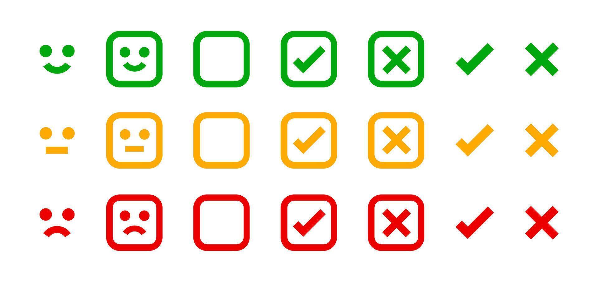 icon emotions face, emotional symbol and approval check sign button, emotions faces and checkmark x or confirm and deny, button checkbox flat for apps, faces icons and checkmark vector
