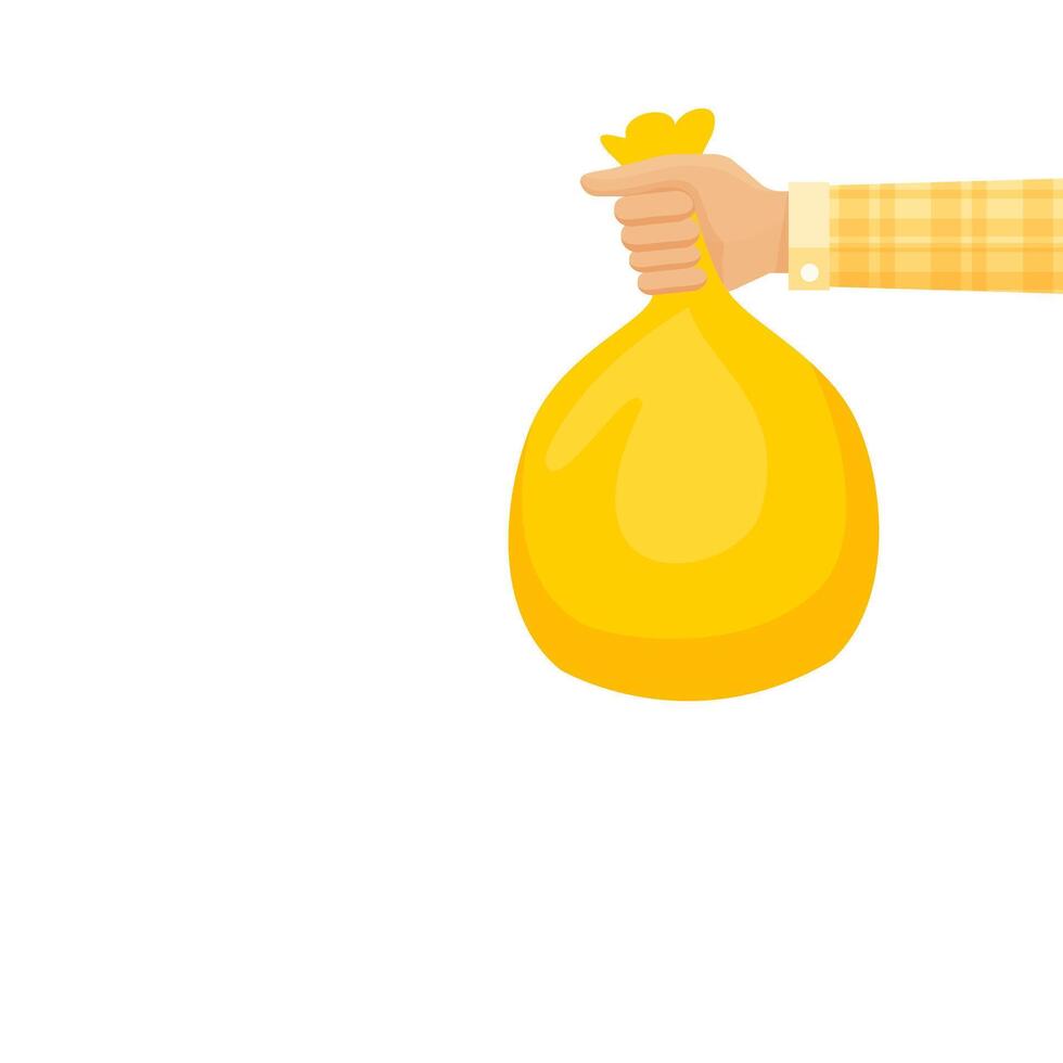 bag waste yellow in hand isolated on white, hand holding yellow plastic trash bag, illustration bags garbage waste in hand, plastic bags bin of garbage for disposal and copy space vector