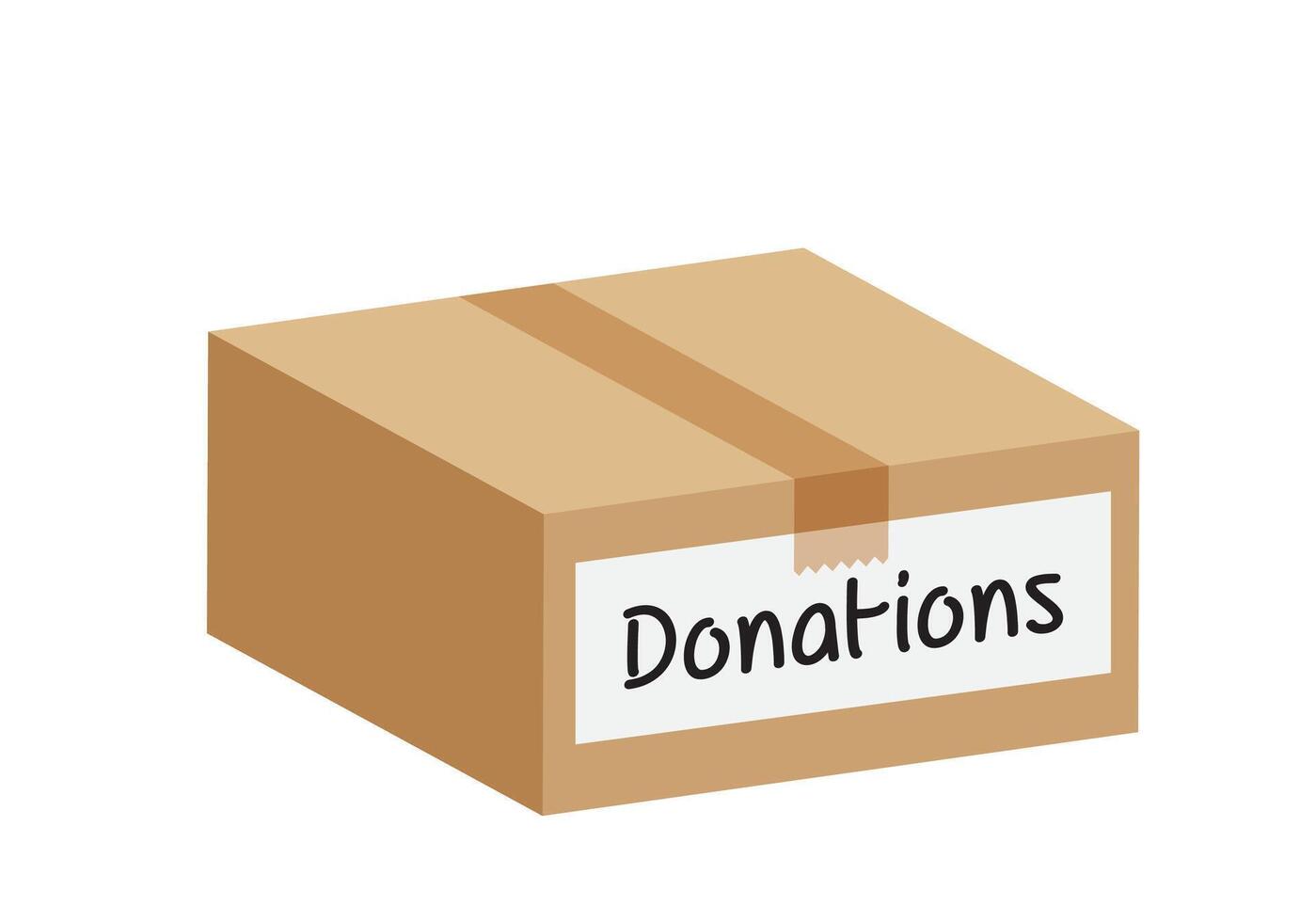 donation box closed isolated on white background, closed box for donations, illustration of donate cardboard box paper brown, clip art donated crate boxes pack for packaging, carton box donating vector