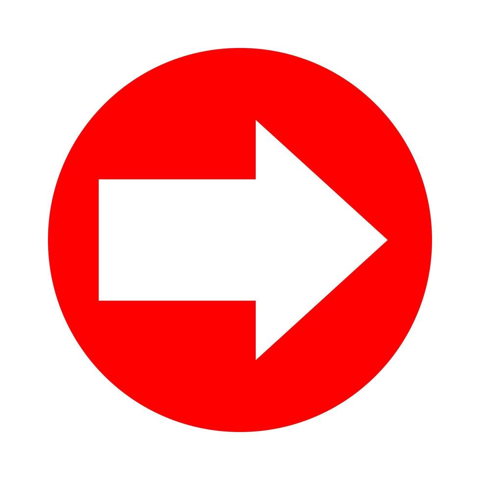 circle red with arrow pointing right for icon isolated on white, circle with arrow for button interface app, arrow sign of next or download upload concept, arrow flat simple symbol for direction vector
