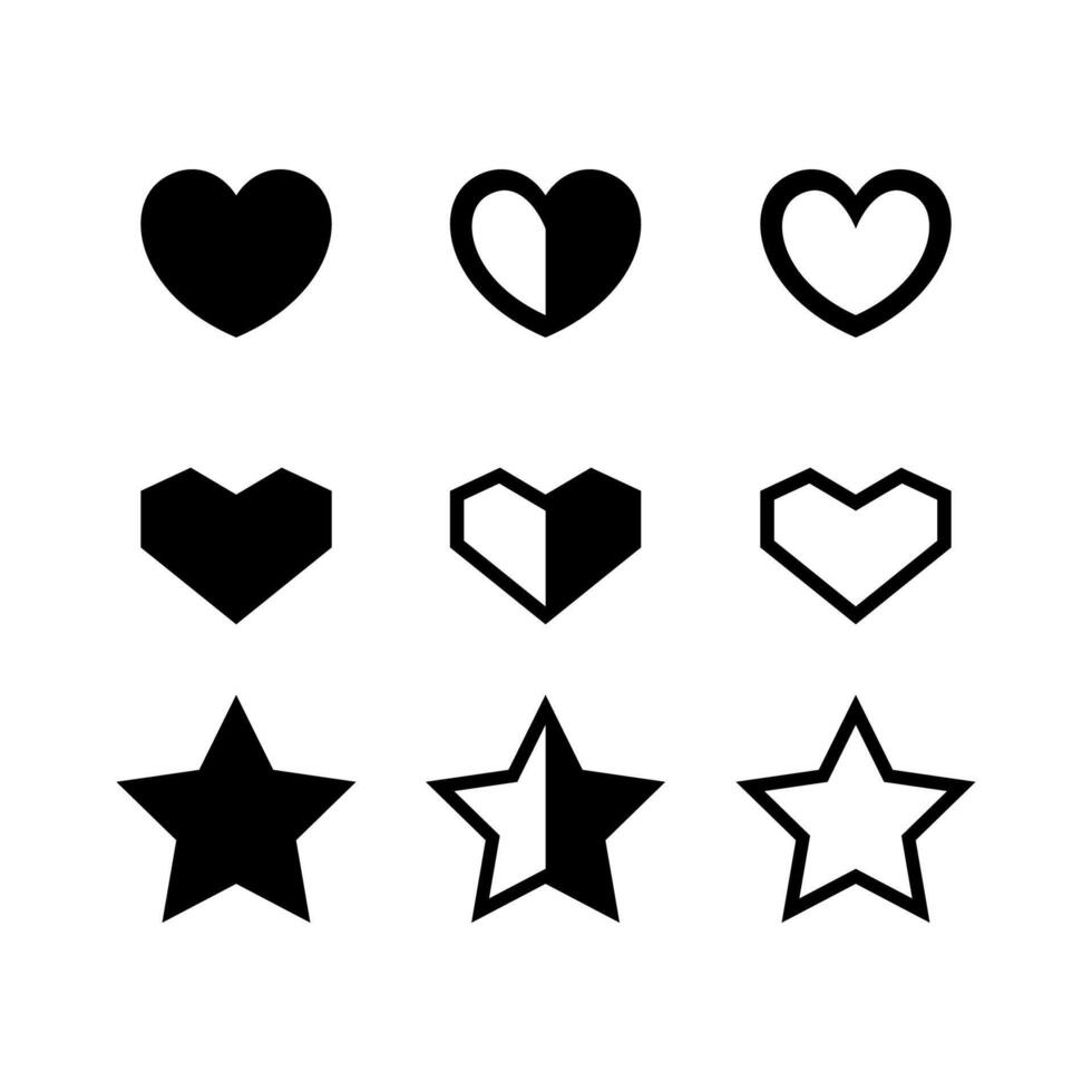 icon heart star shape set isolated on white, black heart and star shape element for decoration, sign bullet heart and star flat shape, collection heart and star frame vector