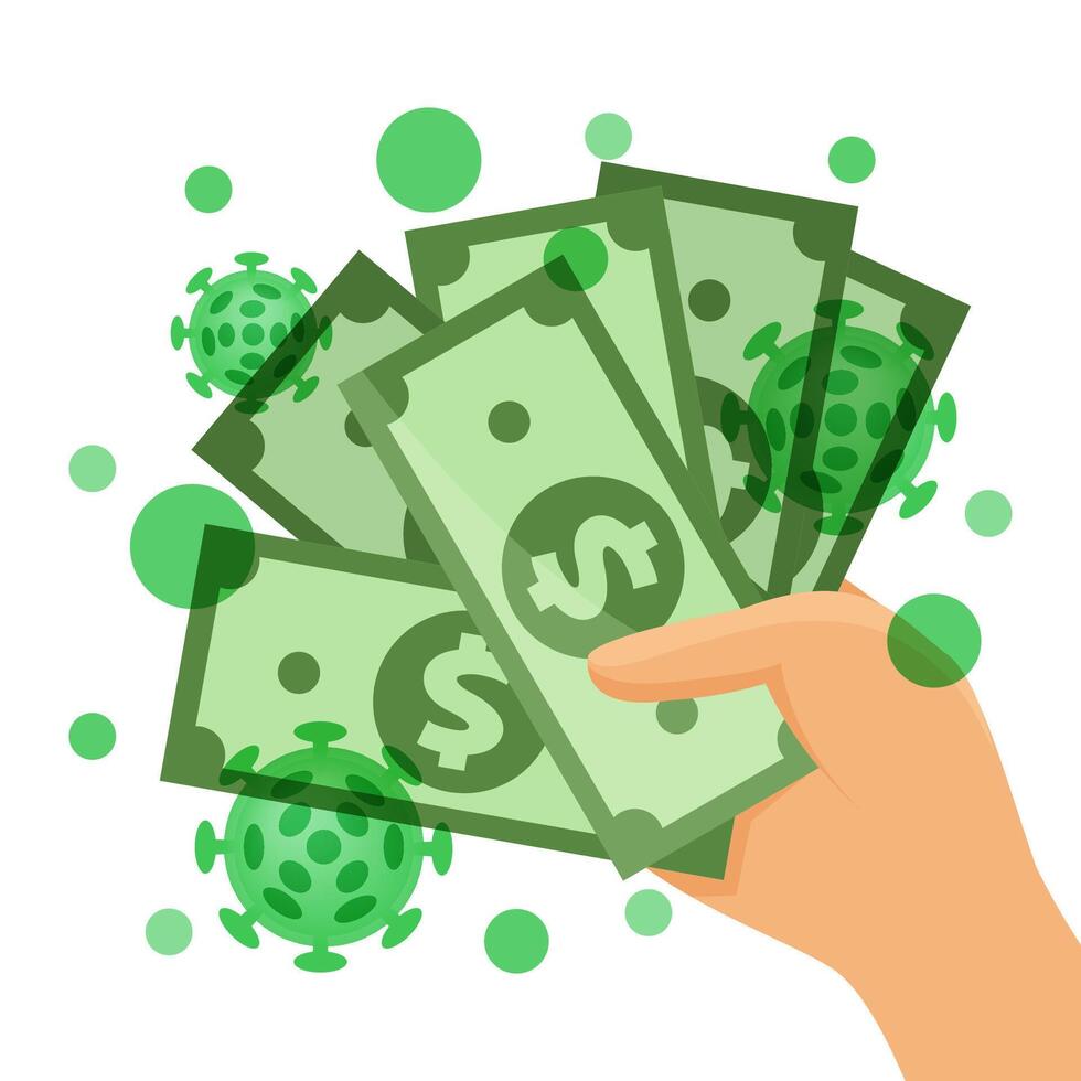 dollar money contaminated with viruses covid-19 concept, currency money and corona virus in hand, coronavirus virus infection from paper money, virus bacteria on banknote money usa dollar vector