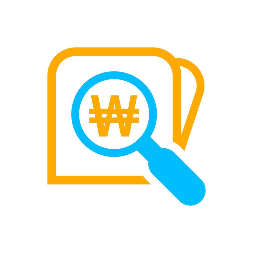 magnifying glass with won currency money search icon, korean won coin with magnifying glass for button app, research icon blue on orange wallet, won money symbol in search icon isolated on white vector