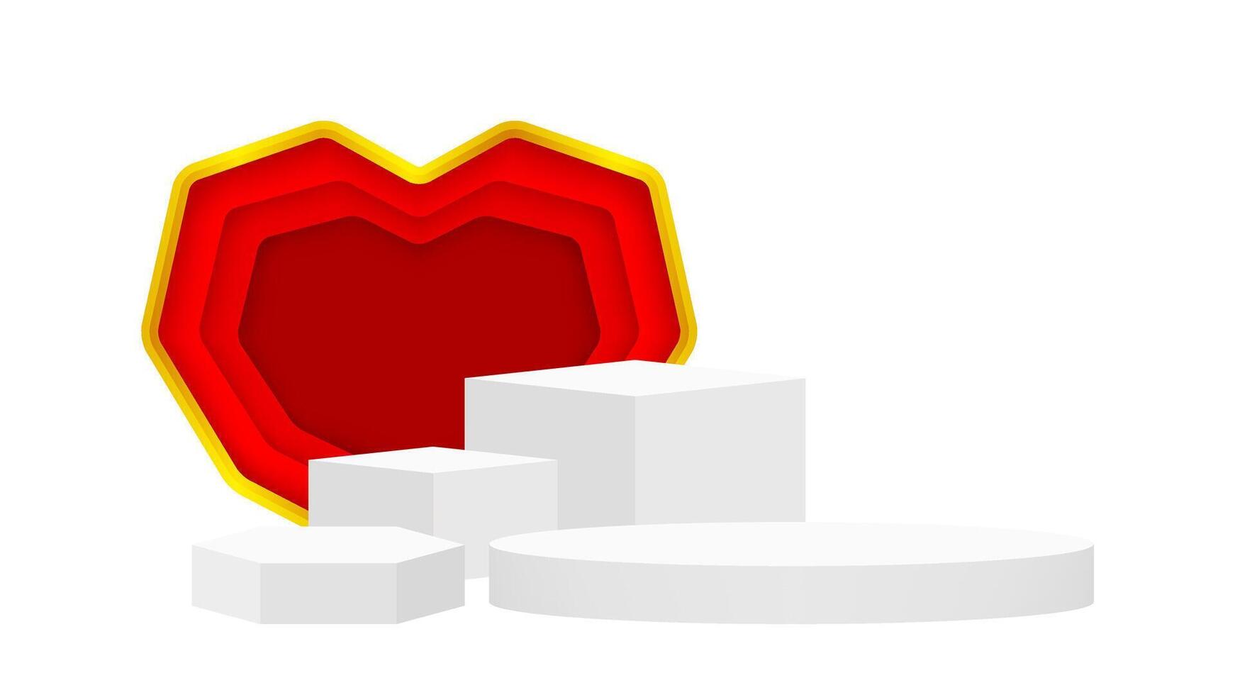 modern pedestal stage and luxurious red heart shaped frame backdrop, stage podium 3d for cosmetics product luxury display show, pedestal stand deluxe vector