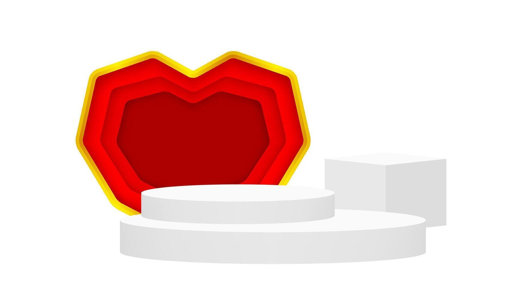 modern pedestal stage white and luxurious red heart shaped frame backdrop, stage podium 3d for cosmetics product luxury display show, pedestal stand deluxe, ornate pedestal for award and success vector