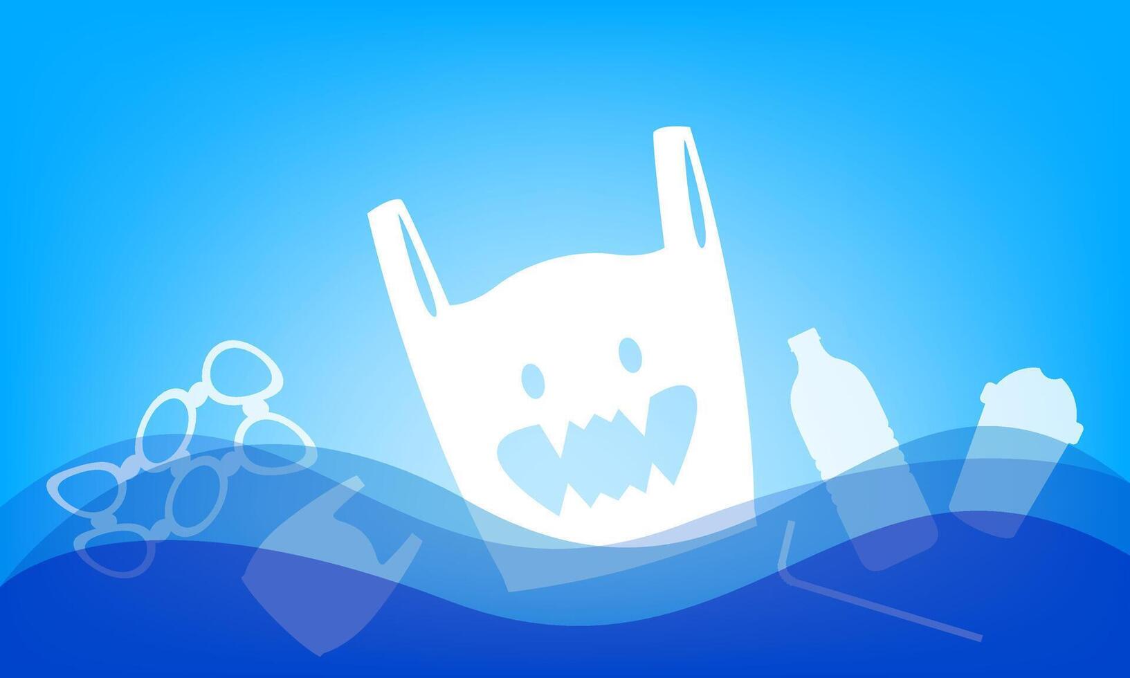 polluted from bag plastic waste in the sea, plastic free concept for copy space, flat cartoon plastic garbage in ocean sea, marine pollution and plastic waste underwater, river pollution vector