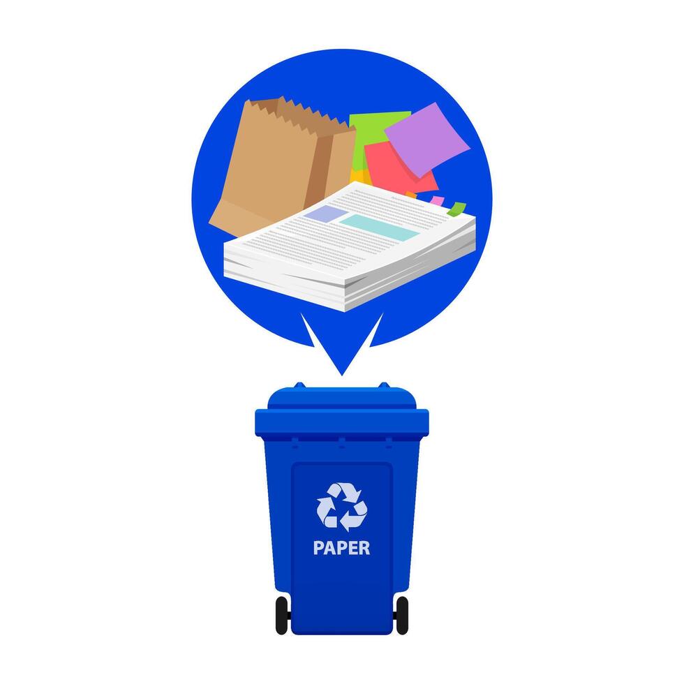 paper waste and blue recycling plastic bin isolated on a white, plastic bin and paper recycling garbage, waste paper trash, illustration clip art bin, 3r garbage vector