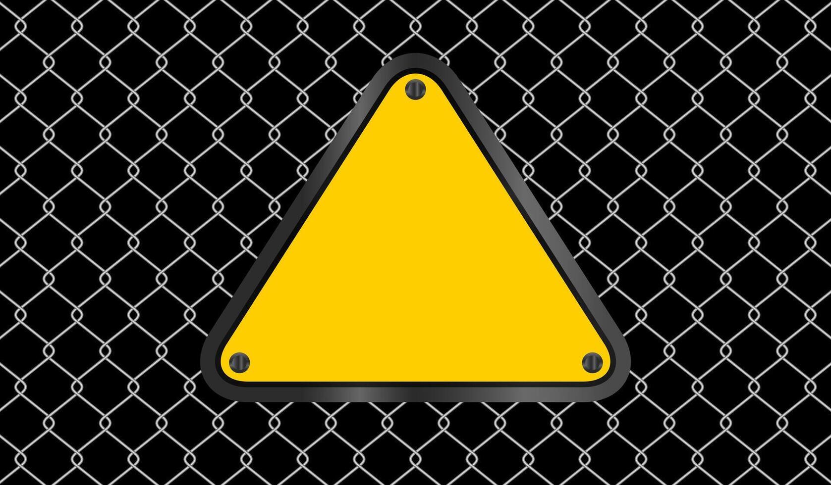 yellow triangle emblem notice on wire mesh background, caution sign on fence barb grid, copy space, empty warning sign template on barrier wire net, barbed wire fence wall and emblem warning signs vector