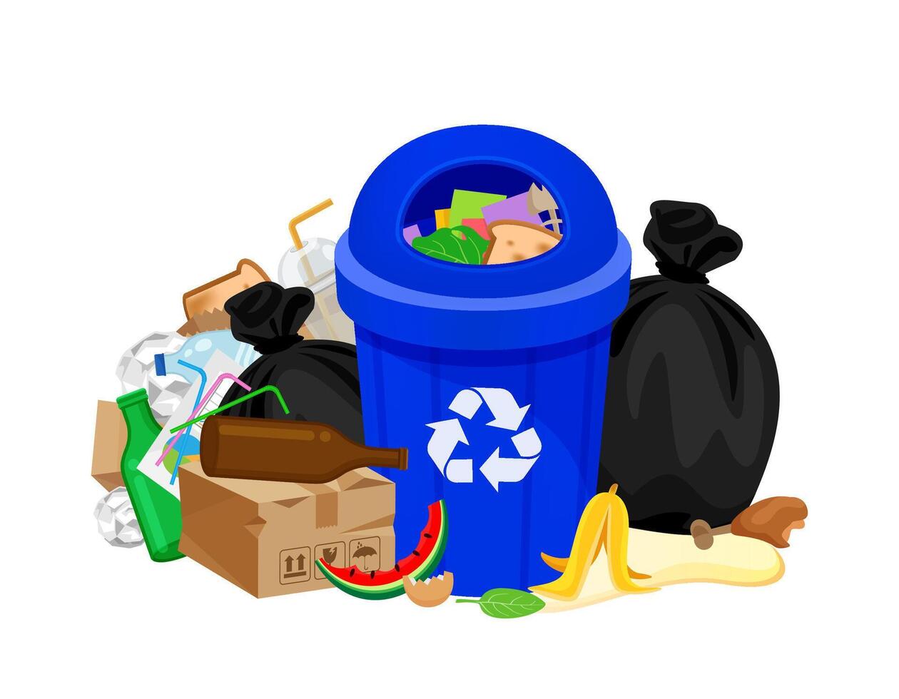 pile of garbage waste and bag plastic at green recycle bin isolated on white, plastic garbage waste many, plastic waste dump and bin green, illustration stack plastic waste, bin separation recycle vector