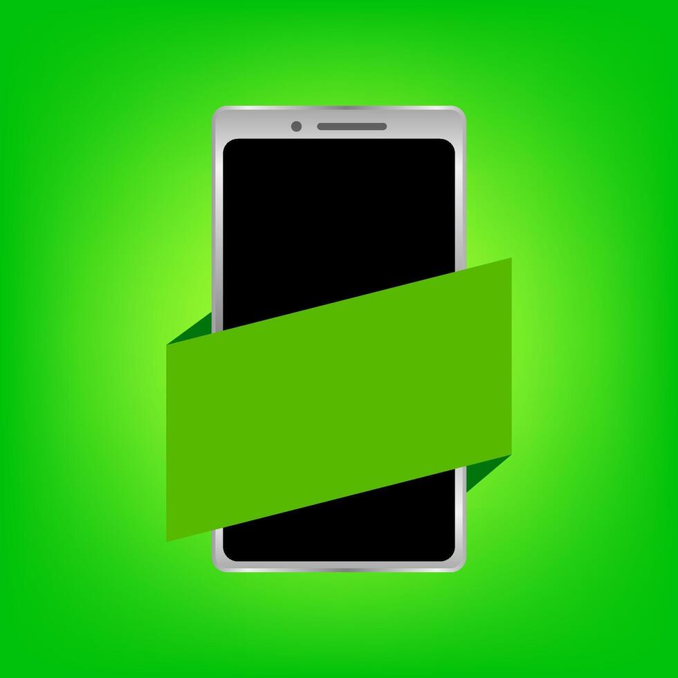 smartphone and graphic label green for banner, isolated on green background, label graphic green on smartphone for advertising sale, smartphone modern and copy space label for advertisement vector