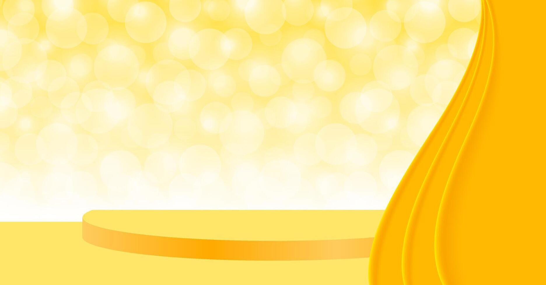 yellow pedestal stage 3d on bokeh and curtain, stage podium yellow with curtains for cosmetics product display show, pedestal stand deluxe for backdrop, stage pedestal for award and success concept vector