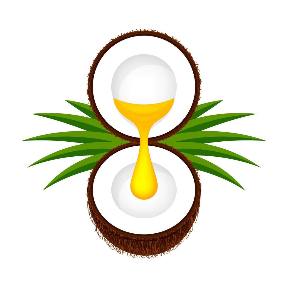 coconut half cut and oil drop yellow gold isolated on white, coconut cooking oil for icon, brown coconut and oily oil pouring, coconut with oil drop flow for a cosmetics ingredient vector