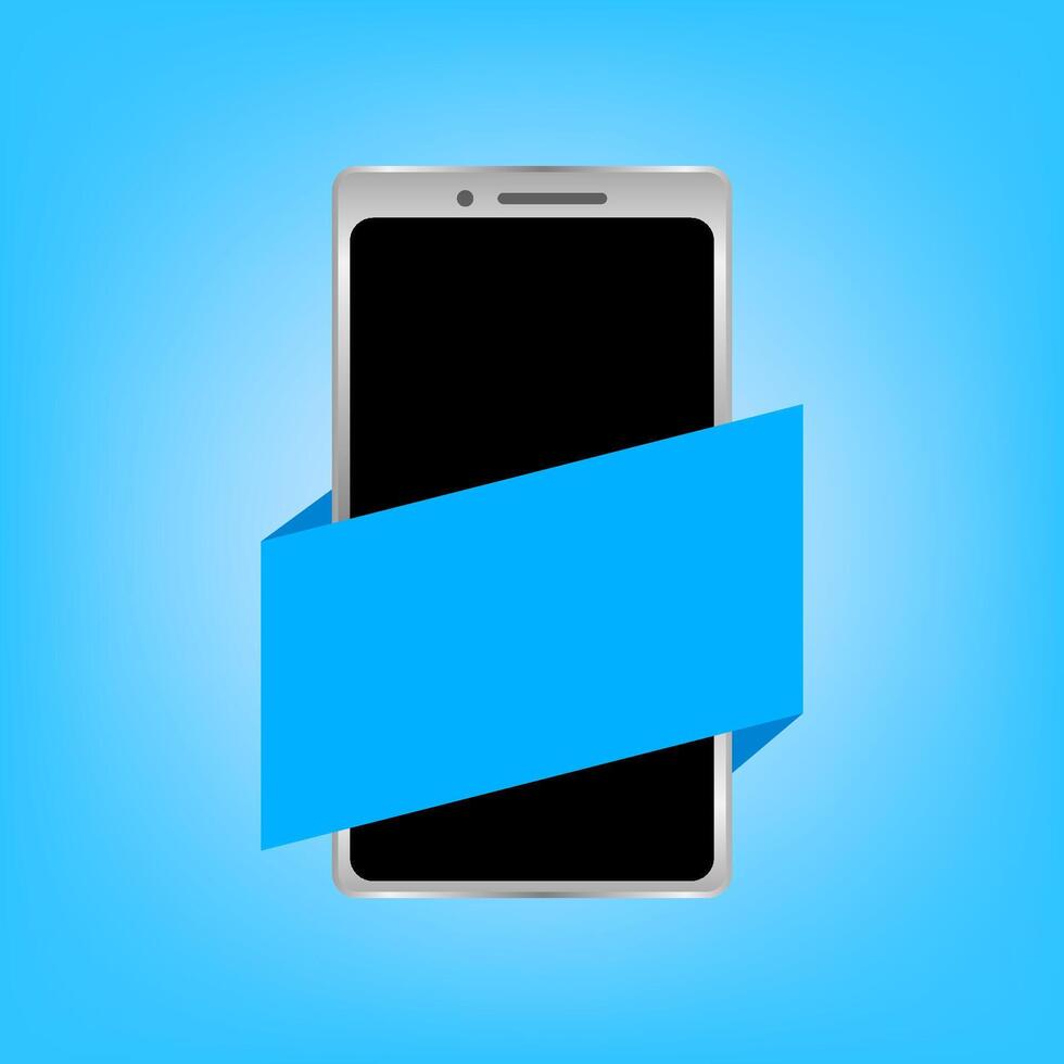 smartphone and graphic label blue for banner, isolated on blue background, label graphic blue on smartphone for advertising sale, smartphone modern and copy space label for advertisement vector