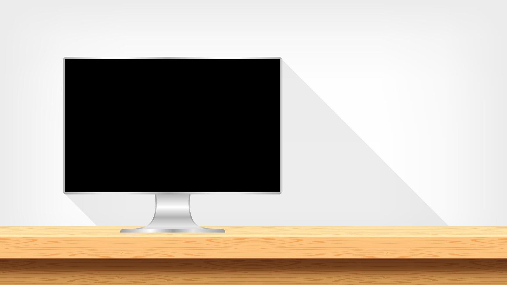 computer pc modern on table wood and copy space, workspace office, monitor screen on desk space, computer on table and grey wall, work office space, workspace with desktop pc for creative background vector