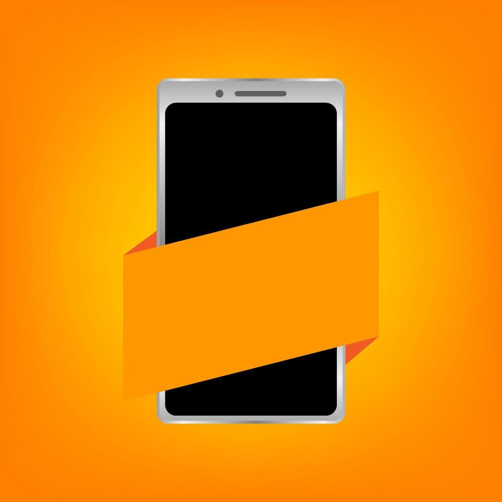 smartphone and graphic label orange for banner, isolated on orange background, label graphic orange on smartphone for advertising sale, smartphone modern and copy space label for advertisement vector