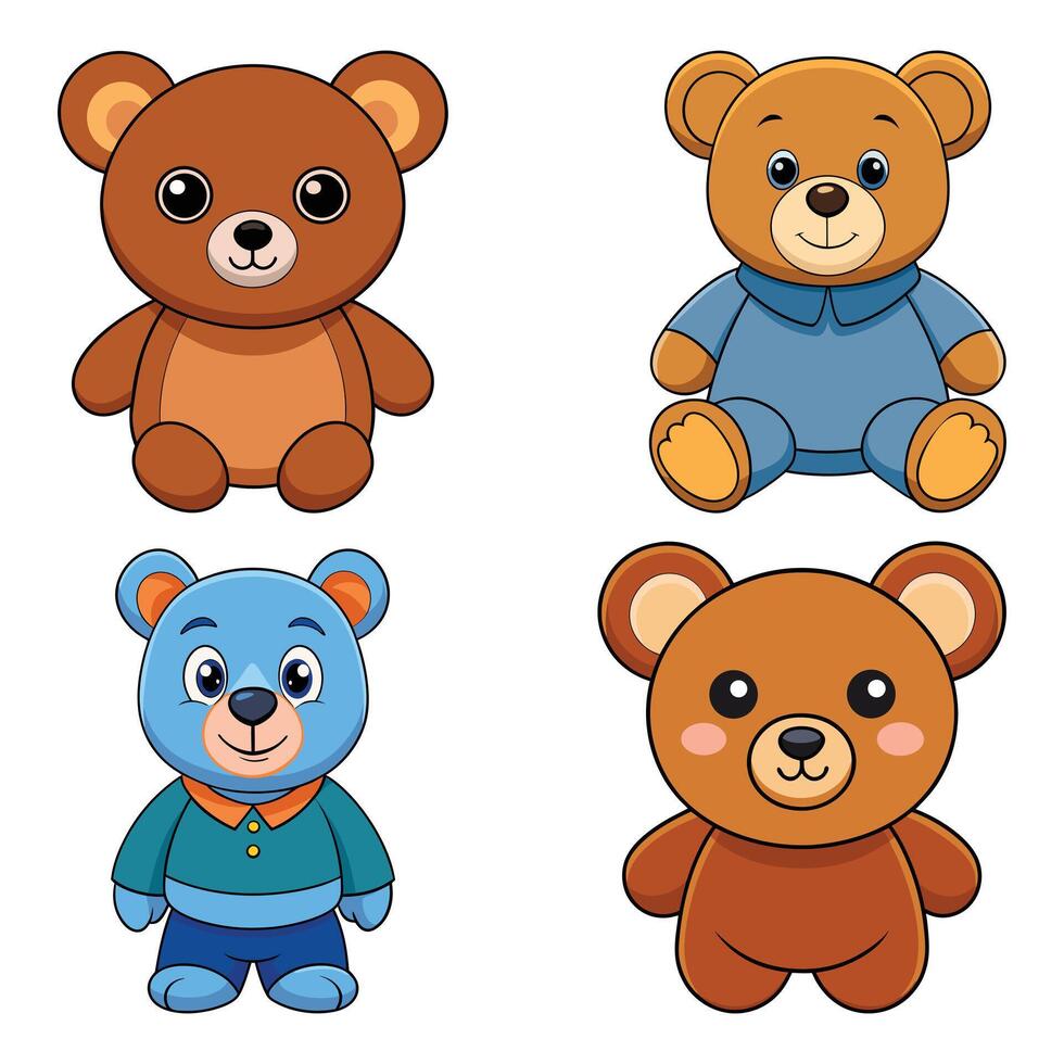 Set of Cute Cartoon Bears with Colorful Shirts and Smiling Faces vector