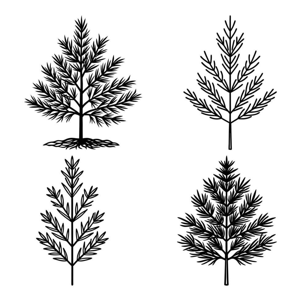 Set of Hand-Drawn Pine Tree Branch Silhouettes Botanical and Nature Illustration Collection vector