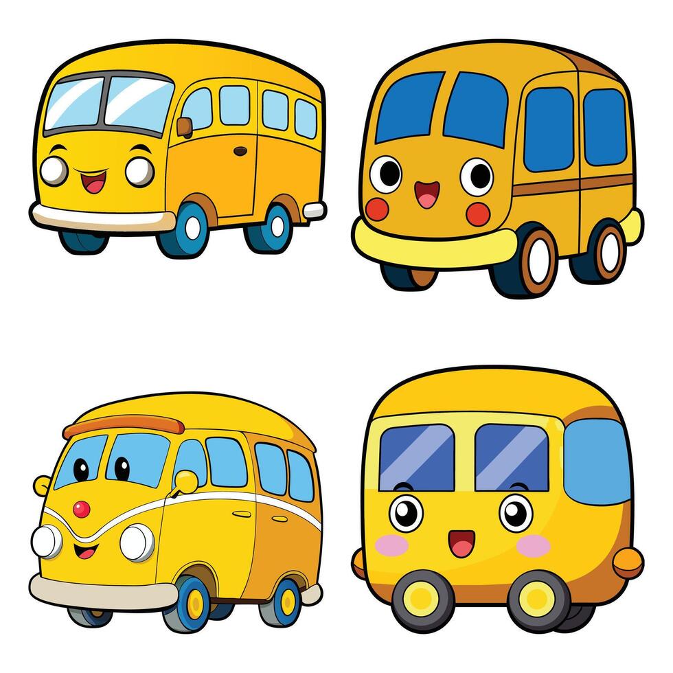 Set of Cute Cartoon Yellow Buses with Friendly Faces and Playful Expressions vector