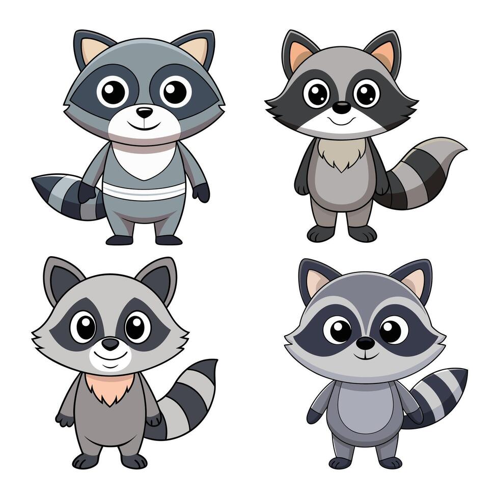 Set of Cute Cartoon Raccoons with Playful Expressions and Big Eyes vector