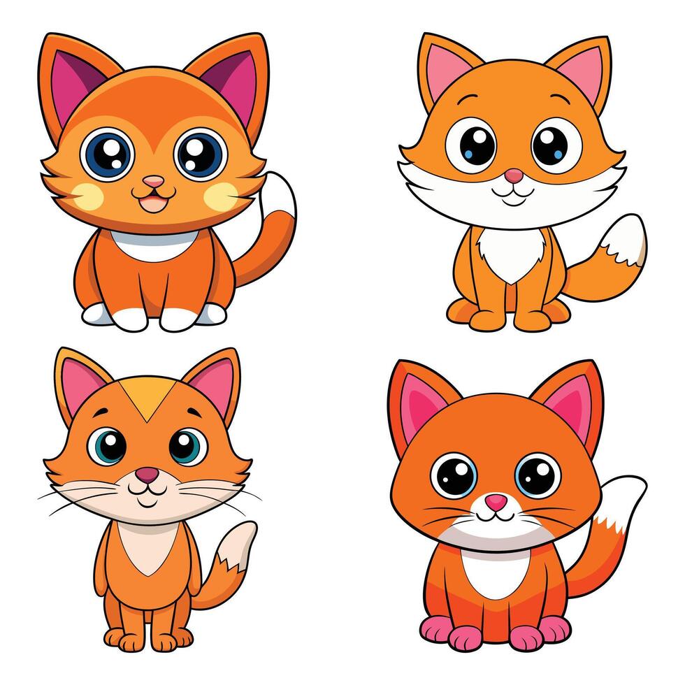 Set of Cute Cartoon Orange Cats with Big Eyes and Smiling Faces vector