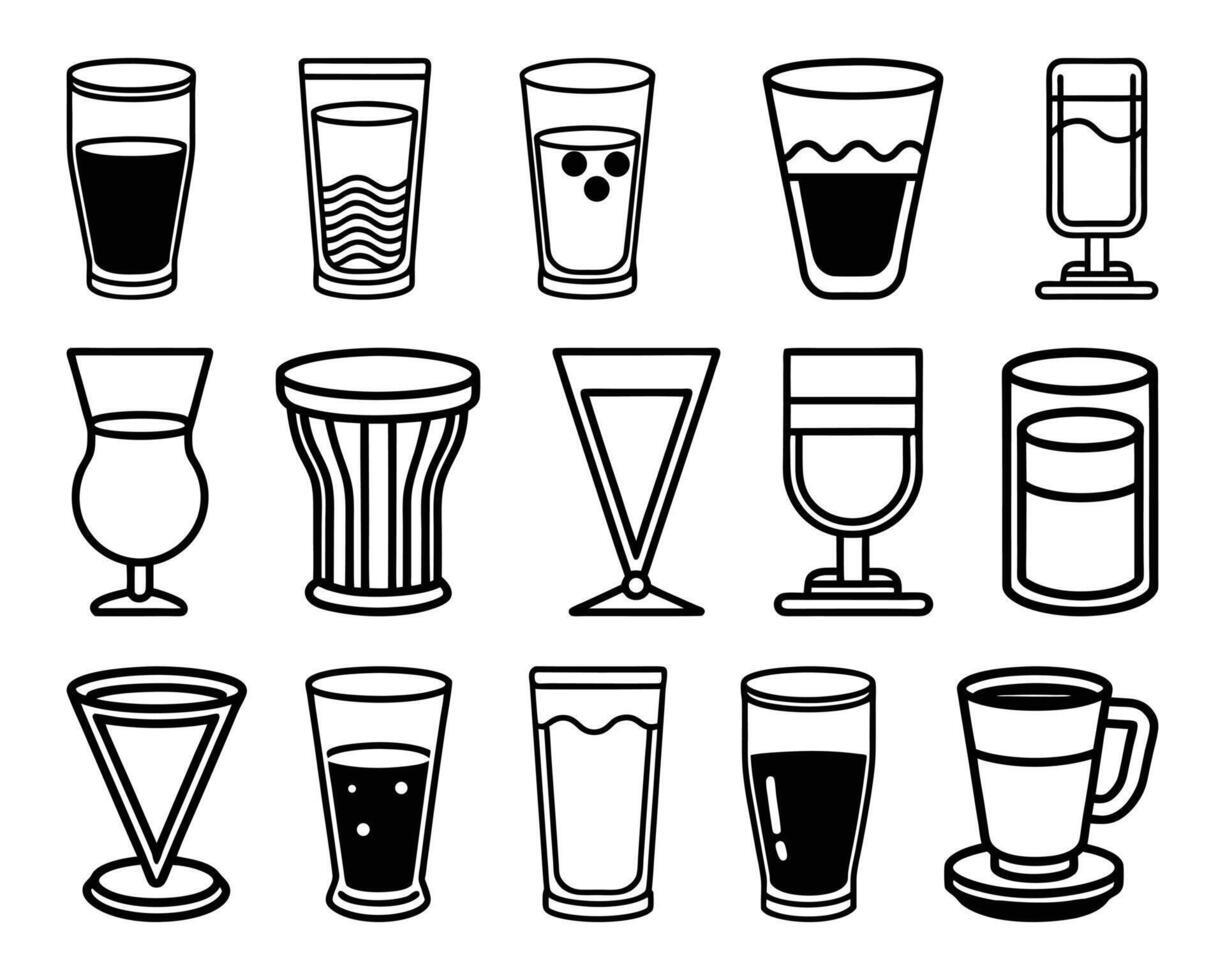 Collection of Drink and Beverage Glass Icons in Black and White Outline Style Set vector